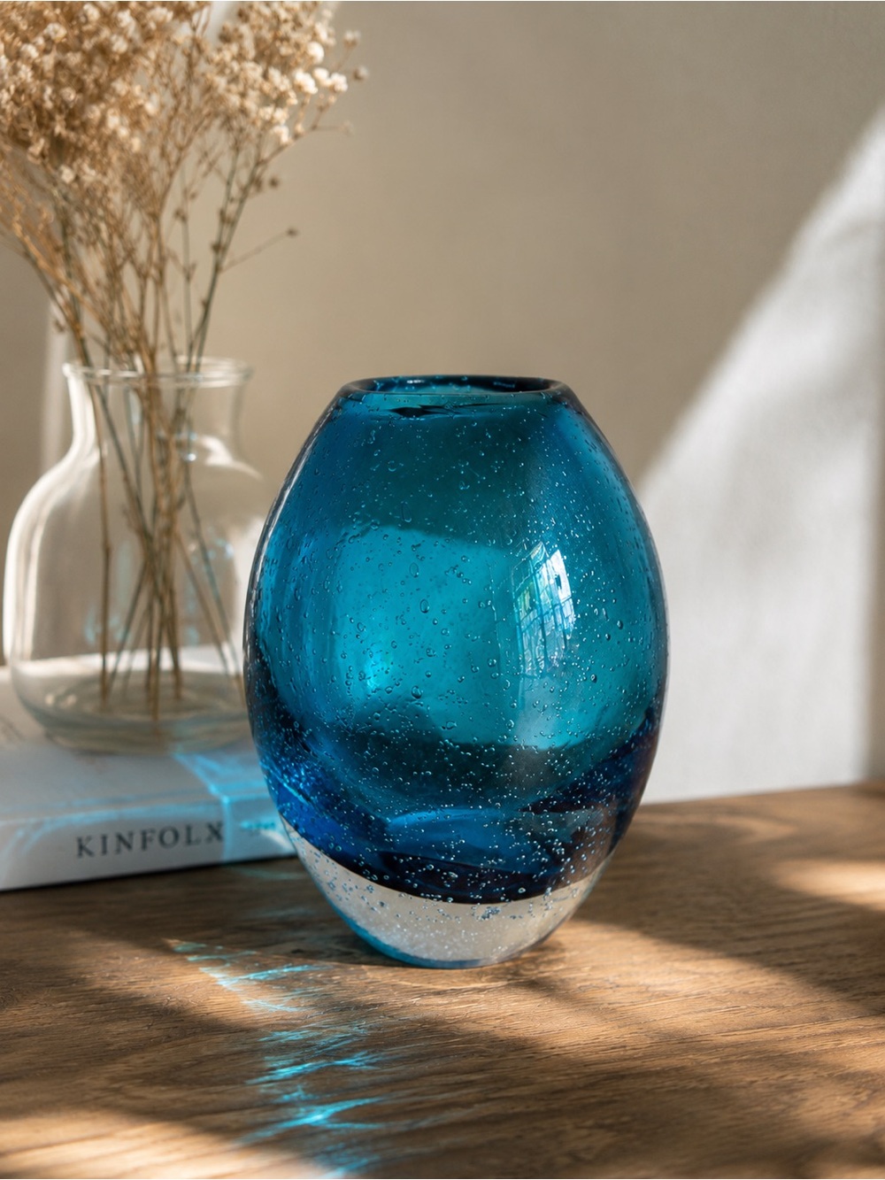 Hand Blown Aqua Blue Bubble Glass Vase | Teal Art Glass